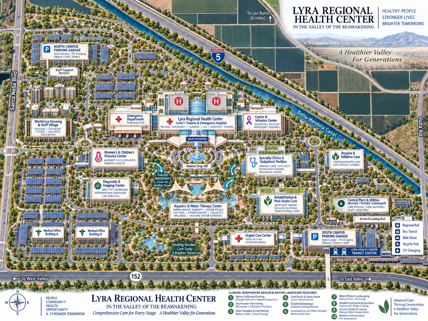 Proposed Lyra campus with clinical buildings, homes, gardens and a future transit station